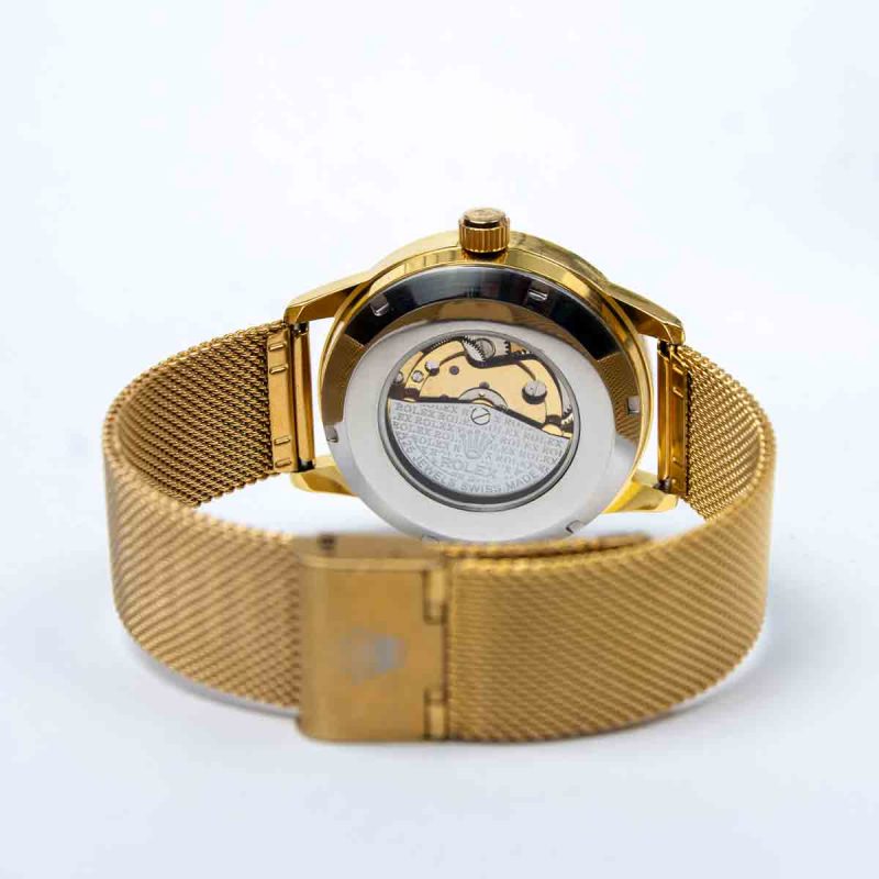Rolex 25 Jewels, Golden Strap, Black Transparent Dial Watch form Women