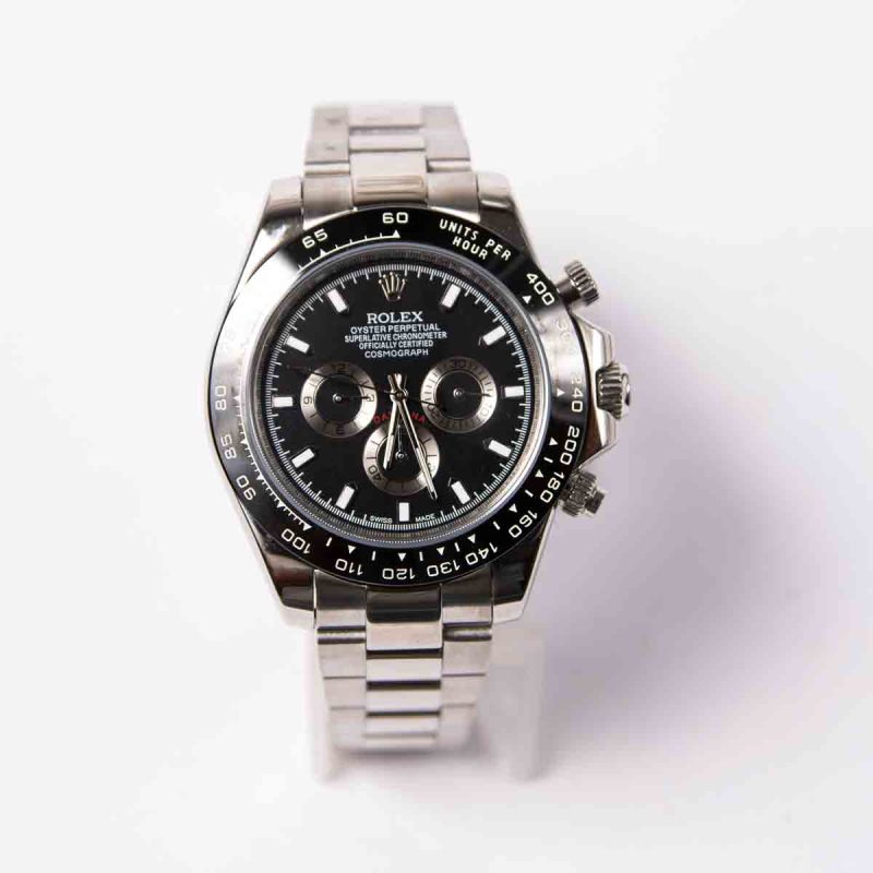 Rolex Daytona Silver Stainless Steel Strap and Black Dial Watch for Men
